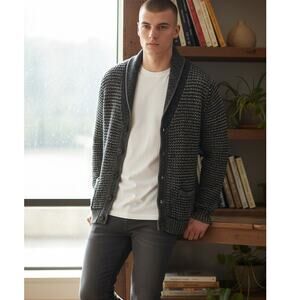 Rag & Bone x Neiman Marcus Shawl Collar Grandpa Cardigan Black/Gray Large